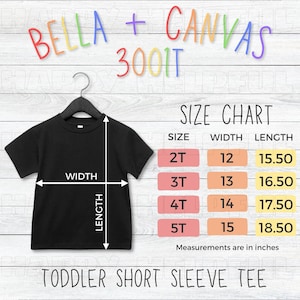 Bella + Canvas 3001T Tabla de tallas para maqueta de camiseta para niños pequeños Bella Canvas Kid TShirt Sizing Toddler Tee Tabla de tallas para Bella Canvas 3001T Shirt