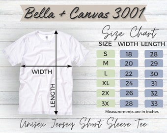Bella + Canvas 3001 Size Chart TShirt Mockup Bella Canvas T-shirt Sizing Size Chart for Bella Canvas 3001 Sizing Mockup Unisex Jersey Tee
