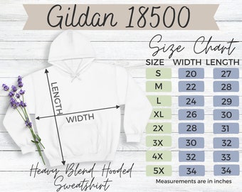 Gildan 18500 G185 Größentabelle Hoodie Mockup Gildan Sweatshirt Größentabelle für Gildan 18500 Unisex Schwere Mischung mit Kapuze Sweatshirt