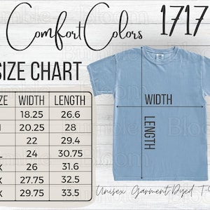 Comfort Colors 1717 Size Chart for Comfort Colors C1717 Unisex t-shirt Sizing Chart Measurement for Comfort Colors Shirt Mock Up Size Chart