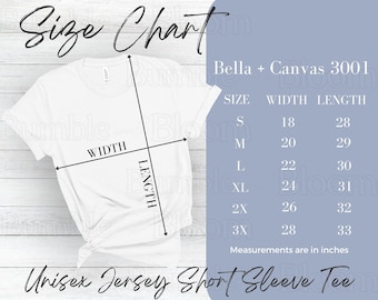 Bella Canvas 3001 Size Chart Shirt Mockup Bella Canvas T-shirt Sizing Size Chart for Bella + Canvas 3001 Measurement Unisex Jersey Tee