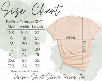 Bella + Canvas 3001 Size Chart TShirt Mockup Bella Canvas T-shirt Sizing Size Chart for Bella Canvas 3001 Sizing Mockup Unisex Jersey Tee