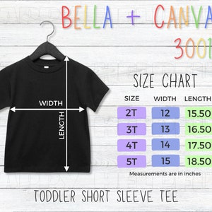 Bella + Canvas 3001T Modelo de tabla de tallas para niños pequeños Tallas de Bella Canvas 3001t para niños pequeños Medida de camiseta para tallas de niños pequeños Gráfico de Bella Canvas