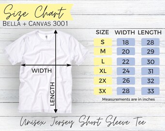 Size Chart Bella Canvas TShirt Mockup Bella Canvas T-shirt Sizing Size Chart for Bella Canvas 3001 Sizing Mockup Unisex Jersey Tee