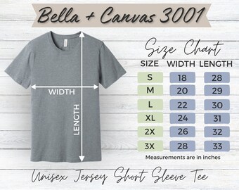 Bella + Canvas 3001 Size Chart TShirt Mockup Bella Canvas T-shirt Sizing Size Chart for Bella Canvas 3001 Sizing Mockup Unisex Jersey Tee
