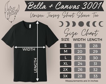 Size Chart Bella Canvas 3001 Witchy Mockup Bella Canvas T-shirt Sizing Size Chart Mystical Bella Canvas 3001 Sizing Mockup Unisex Jersey Tee