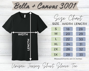 Bella + Canvas 3001 Size Chart TShirt Mockup Bella Canvas T-shirt Sizing Size Chart for Bella Canvas 3001 Sizing Mockup Unisex Jersey Tee