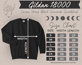 Gildan 18000 Size Chart Witchy Alternative Black Mockup Sizing for Mystical Goth Mock G180 Chart Measurements for Unisex Crewneck Sweatshirt