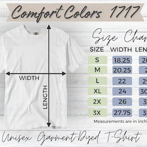 Comfort Colors 1717 Size Chart for Comfort Colors C1717 Unisex t-shirt Sizing Chart Measurement for Comfort Colors Shirt Mock Up Size Chart