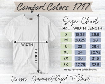 Comfort Colors 1717 Size Chart for Comfort Colors C1717 Unisex t-shirt Sizing Chart Measurement for Comfort Colors Shirt Mock Up Size Chart
