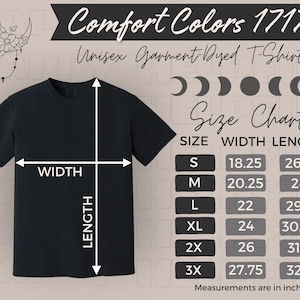 Comfort Colors 1717 Tabla de tallas Tabla de maquetas de brujas para Halloween Comfort Colors Goth Sizing Chart Medidas para camiseta teñida de prendas Alt