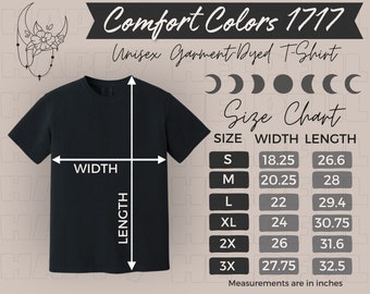 Comfort Colors 1717 Size Chart Witchy Mockup Chart for Halloween Comfort Colors Goth Sizing Chart Measurements for Garment-Dyed T Shirt Alt