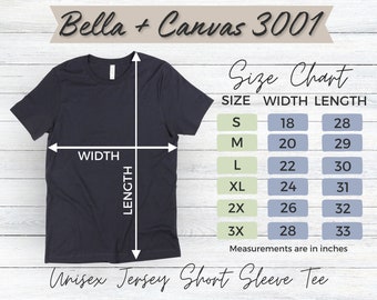 Bella + Canvas 3001 Size Chart TShirt Mockup Bella Canvas T-shirt Sizing Size Chart for Bella Canvas 3001 Sizing Mockup Unisex Jersey Tee
