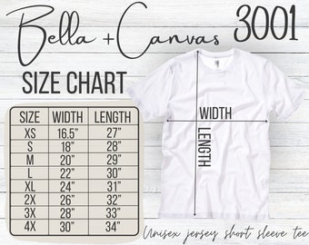 Bella + Canvas 3001 Size Chart TShirt Mockup Bella Canvas T-shirt Sizing Size Chart for Bella Canvas 3001 Sizing Mockup Unisex Jersey Tee