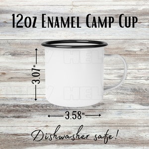 Maqueta de taza de campamento esmaltada de 12 oz Tamaño de taza de café de 12 oz para taza de camping esmaltada Tabla de tallas Medida simulada para taza Printify Print on Demand