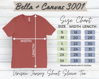 Bella + Canvas 3001 Size Chart TShirt Mockup Bella Canvas T-shirt Sizing Size Chart for Bella Canvas 3001 Sizing Mockup Unisex Jersey Tee