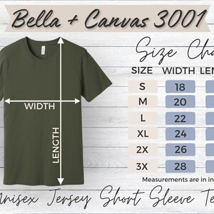 Size Chart Natural Bella Canvas 3001 Mockup Bella Canvas T-shirt Sizing Size Chart for Bella Canvas 3001 Sizing Mockup Unisex Jersey Tee