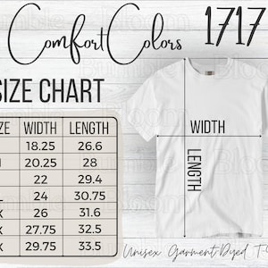 Comfort Colors 1717 Size Chart for Comfort Colors C1717 Unisex t-shirt Sizing Chart Measurement for Comfort Colors Shirt Mock Up Size Chart