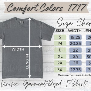 Comfort Colors C1717 Sizing Chart for Comfort Colors 1717 Unisex t-shirt Size Chart Measurements for Comfort Colors Shirt Mock Up Size Chart