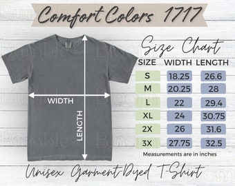 Comfort Colors C1717 Sizing Chart for Comfort Colors 1717 Unisex t-shirt Size Chart Measurements for Comfort Colors Shirt Mock Up Size Chart