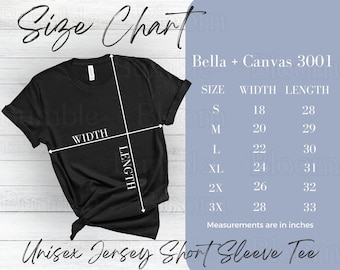 Bella Canvas 3001 Size Chart TShirt Mockup Bella + Canvas T-shirt Sizing Size Chart for Bella Canvas 3001 Sizing Mockup Unisex Jersey Tee