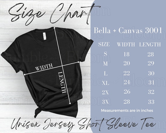 Bella Canvas 3001 Size Chart TShirt Mockup Bella + Canvas T-shirt Sizing Size Chart for Bella Canvas 3001 Sizing Mockup Unisex Jersey Tee