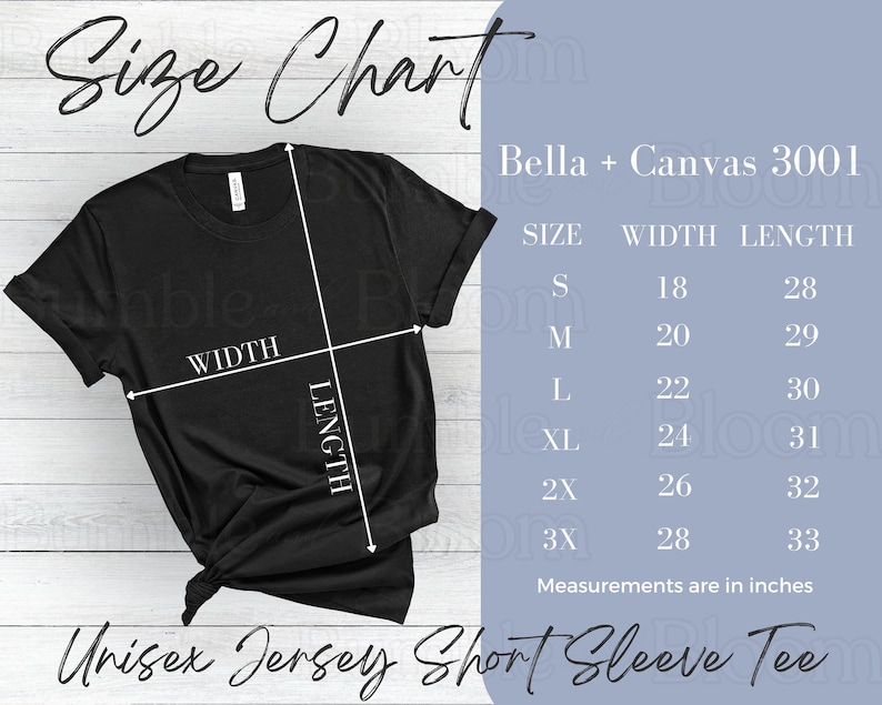 K&ouml;nnte beinhalten: Gr&ouml;&szlig;entabelle f&uuml;r ein Unisex-Jersey-T-Shirt mit kurzen &Auml;rmeln von Bella + Canvas 3001. Die Tabelle zeigt die Gr&ouml;&szlig;en S bis 3X mit den entsprechenden Breiten- und L&auml;ngenma&szlig;en in Zoll.