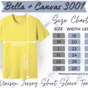 Size Chart Bella Canvas 3001 TShirt Mockup Bella Canvas T-shirt Sizing Size Chart for Bella Canvas 3001 Sizing Mockup Unisex Jersey Tee