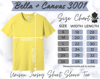 Size Chart Bella Canvas 3001 TShirt Mockup Bella Canvas T-shirt Sizing Size Chart for Bella Canvas 3001 Sizing Mockup Unisex Jersey Tee