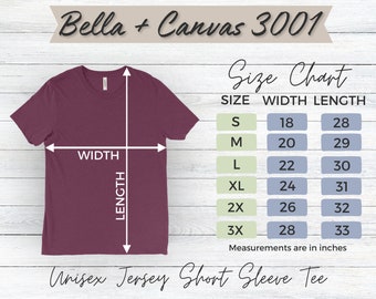 Bella + Canvas 3001 Size Chart TShirt Mockup Bella Canvas T-shirt Sizing Size Chart for Bella Canvas 3001 Sizing Mockup Unisex Jersey Tee