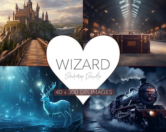 Puede incluir: Un paquete digital de arte con cuatro fondos de fantasía. Las imágenes incluyen un castillo en la cima de una colina, una estación de tren, un bosque con luces brillantes y un tren en un túnel. El paquete se llama "Wizard Backdrop Bundle" e incluye 40 imágenes a 300 DPI.