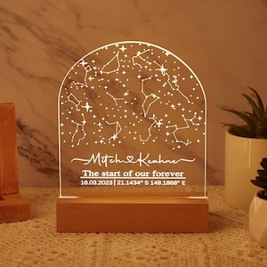Carte des étoiles personnalisée par date, veilleuse - Veilleuses personnalisées pour le premier rendez-vous, carte des étoiles personnalisée, cadeau d'anniversaire de mariage, ciel nocturne par date