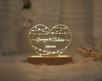 Custom Night Light with Anniversary Gift, Valentine's Day Gift, Gift for Him, Engagement Gift, Personalized Name and Date, Wedding Gift