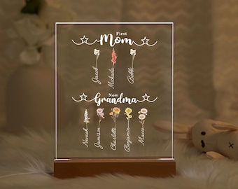 Veilleuse personnalisée, cadeaux personnalisés pour maman, cadeaux de fête des mères, cadeau de fleur de naissance, cadeaux pour grand-mère, cadeaux grand-mère, lampe grand-mère