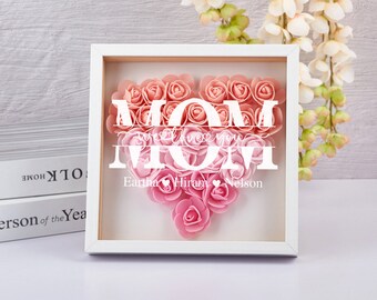 Boîte d'ombre à fleurs monogramme en forme de coeur pour maman, cadeau personnalisé pour toute occasion, boîte d'ombre à fleurs pour maman personnalisée, cadeau fête des mères pour maman