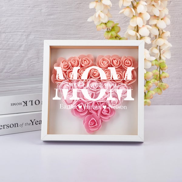 Mom Heart Shaped Monogram Flower Shadow Box, Customized Gift for any occasion, Personalized Mom Flower Shadow Box, Mom Mothers Day Gift