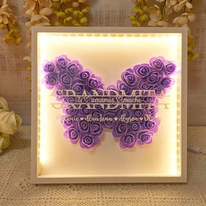 Personalisierte Schmetterlings-Blumen-Schattenbox, Mamas Rose Shadow Box mit LED-Licht, Muttertagsgeschenke für Oma, Blumengeschenkbox für Mama-Oma