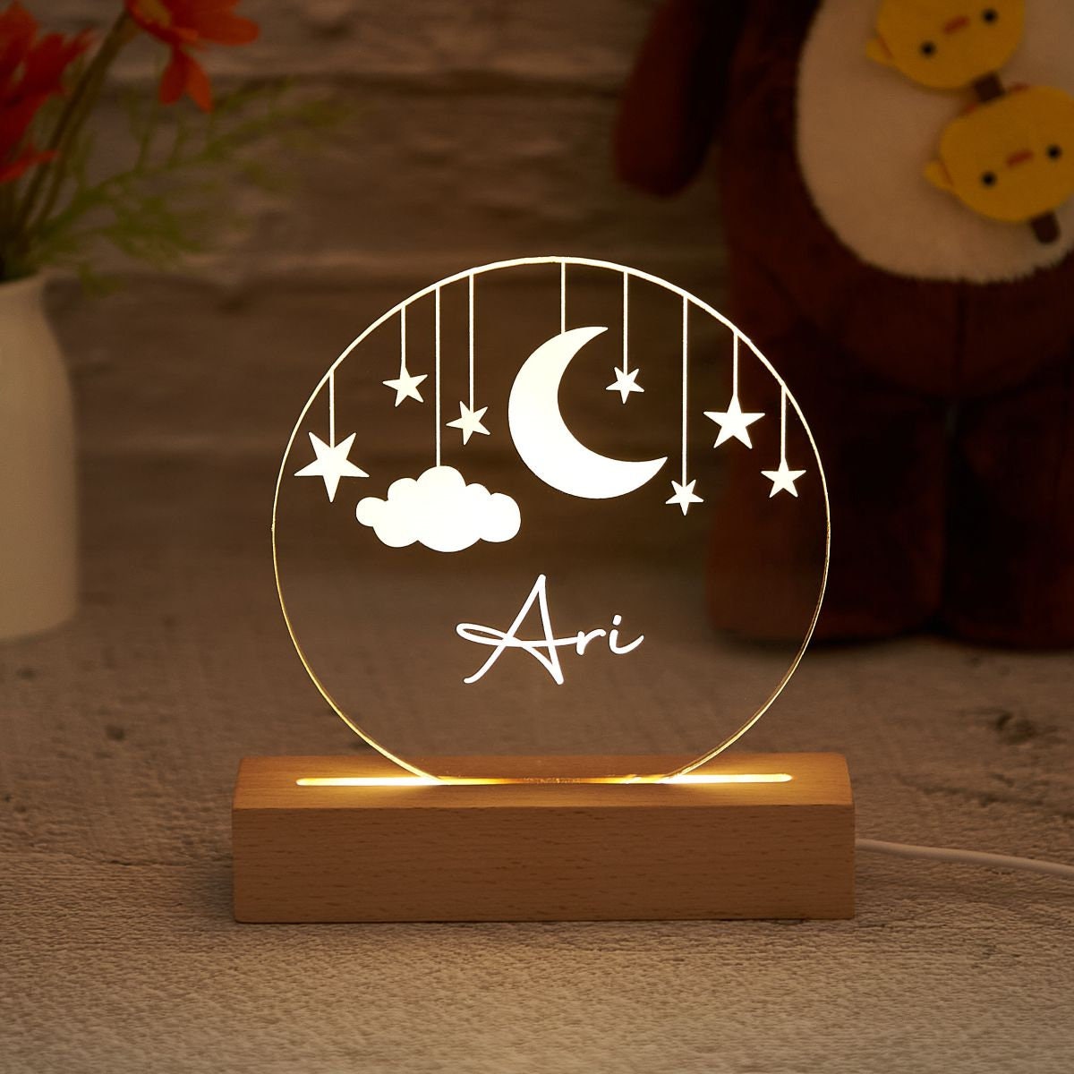 Aangepast nachtlampje maan en ster, gepersonaliseerd nachtlampje wolken met naam, nachtlampje babyslaapkamer, cadeau pasgeborene, moeder cadeaus, inrichting kinderkamer