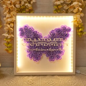 Caja de sombras de flores de mariposa personalizada, regalo del Día de la Madre, caja de sombras de rosas para mamá con luz LED, caja de regalo de flores para mamá, abuela y Nana