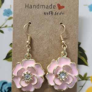Pink & gold  tone rose metal dangle earrings,  drop earring , gift for her , gift for mom , gift for girlfriend ,rose charm , earrings