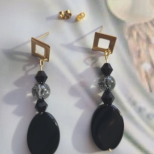 Black glass beads drop dangle earrings