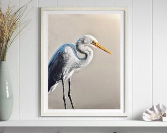 Östlicher Silberreiher Originalkunstdruck auf archivalischem Mattpapier, Küstenwandkunst, Strandhausdekor, mult. Größenoptionen (Rahmen nicht enthalten)