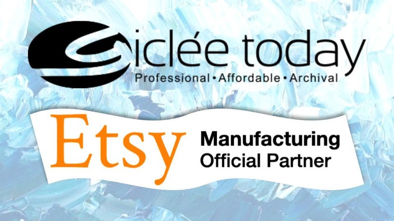 K&ouml;nnte beinhalten: Ein schwarz-wei&szlig;es Logo f&uuml;r ein Unternehmen namens "icl&eacute;e today" mit dem Slogan "Professionell - Bezahlbar - Archivalisch". Unter dem Logo befindet sich ein wei&szlig;es Banner mit dem Text "Etsy Manufacturing Official Partner" in orange.