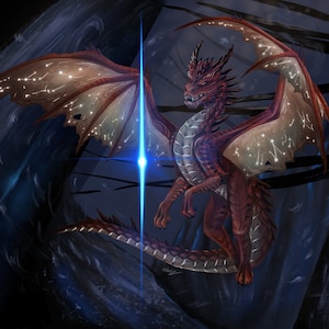 K&ouml;nnte beinhalten: Ein roter Drache mit leuchtenden Fl&uuml;geln und einem blauen Licht dahinter. Der Drache fliegt in einem dunklen, wirbelnden Hintergrund.