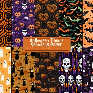 May include: A set of 10 digital Halloween themed seamless patterns. The patterns feature various Halloween icons such as ghosts, pumpkins, bats, spiders, and witches. The patterns are 12 inches by 12 inches and 300 dpi.
