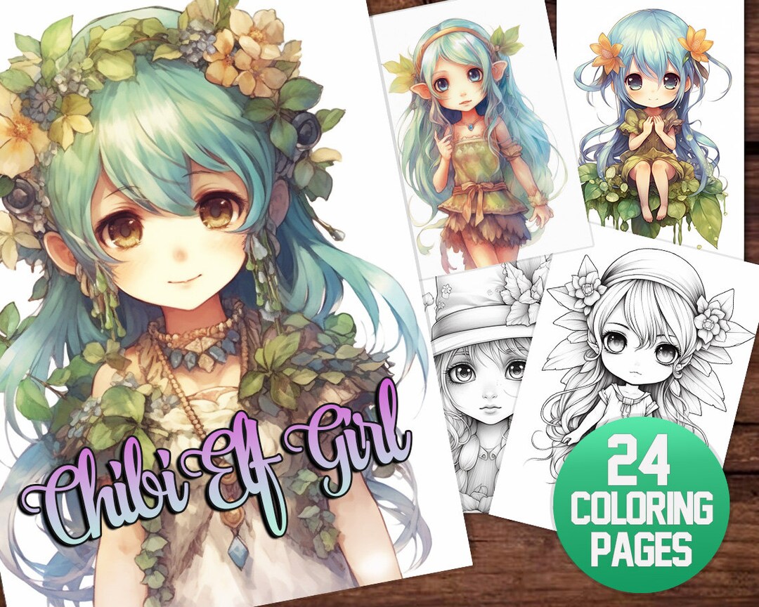Chibi Elf Girl 24 Coloring Pages, Instant Download, Grayscale Coloring ...