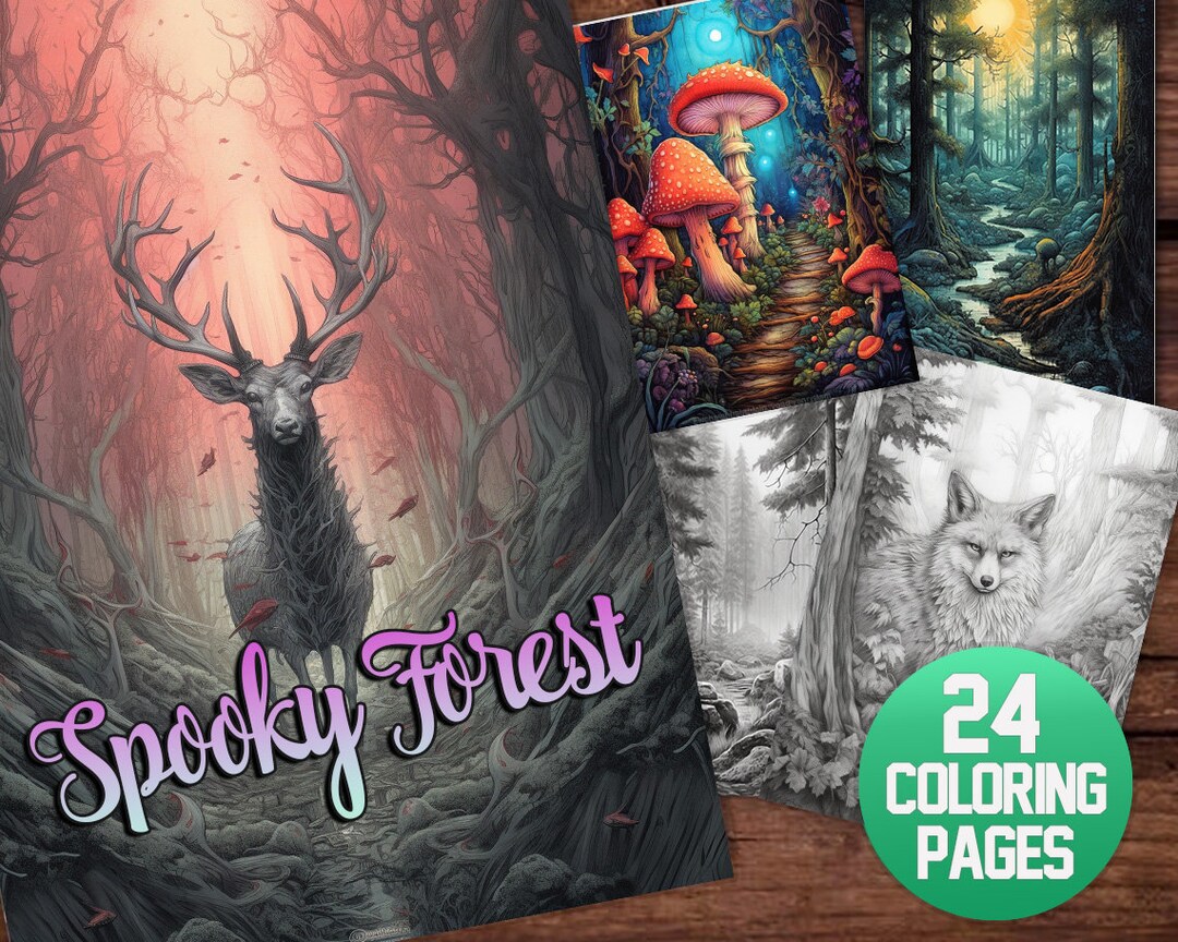 Spooky Forest 24 Coloring Pages, Instant Download, Grayscale Coloring ...