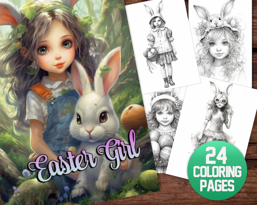 Easter Girl 24 Coloring Pages, Instant Download, Grayscale Coloring