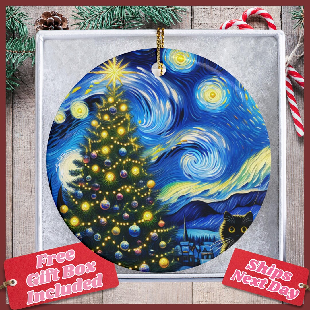 Starry Night Black Cat Christmas Ornament: Van Gogh Style Ceramic ...