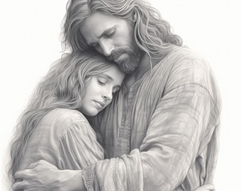 May include: A black and white pencil drawing of a man and a woman embracing. The man has long hair and a beard, and the woman has long hair. They are both wearing simple clothing. The man is holding the woman close, and she is resting her head on his shoulder.